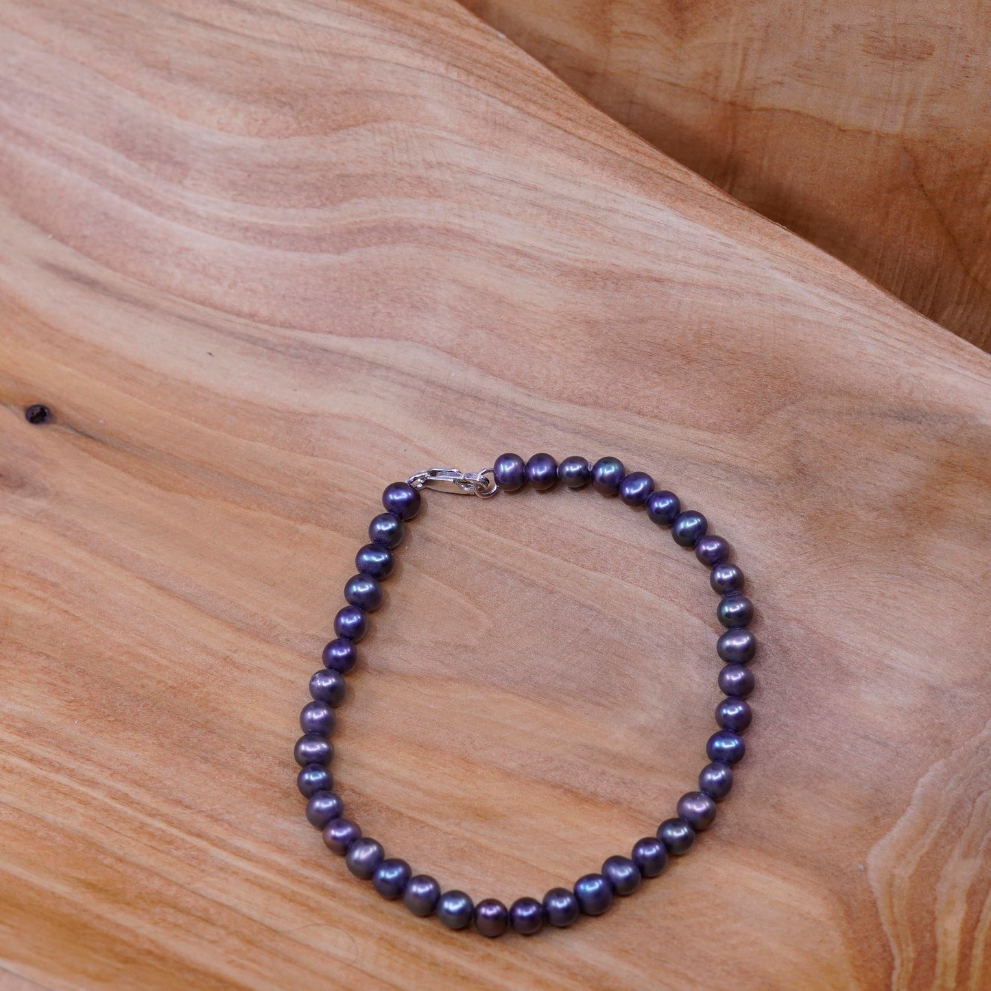 7” vtg handmade genuine black pearl beads bracelet, sterling 925 silver clasp