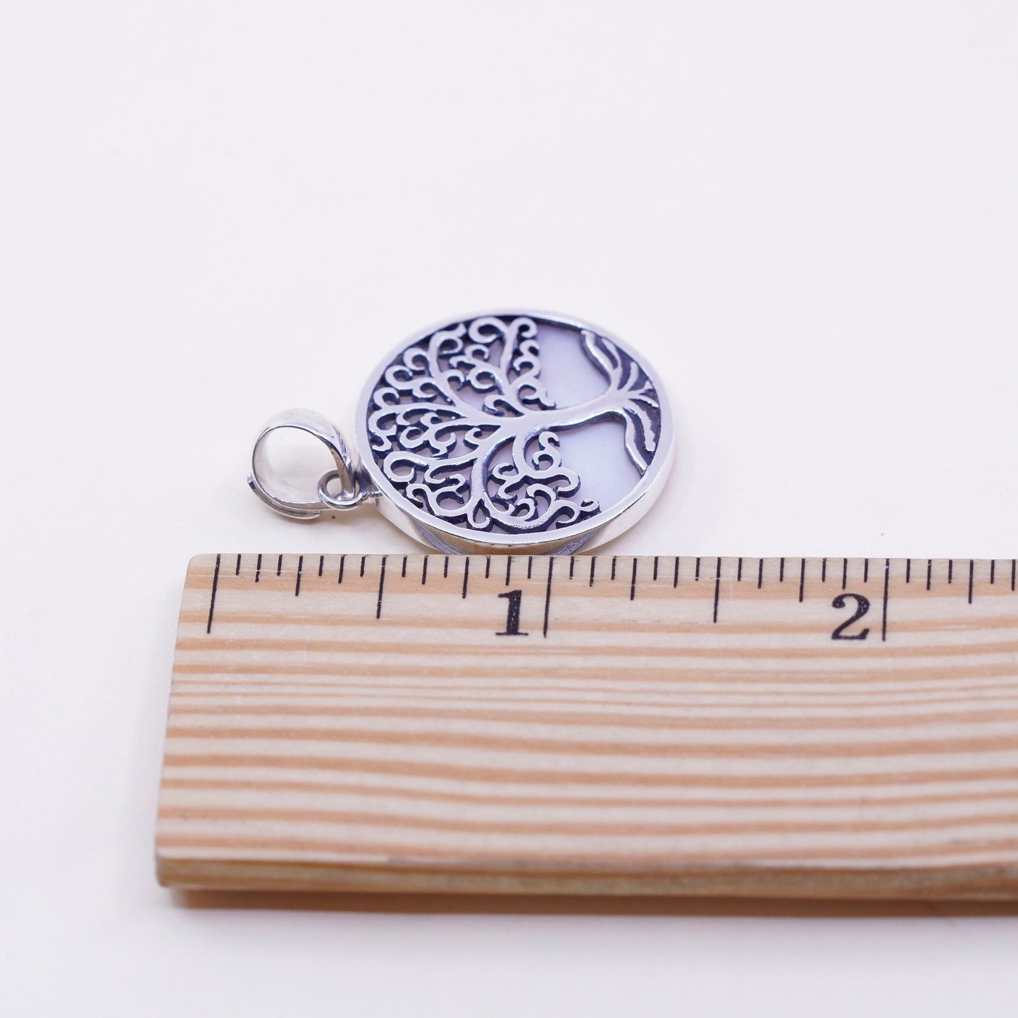 Vintage Sterling silver handmade pendant, 925 filigree tree tag mother of pearl