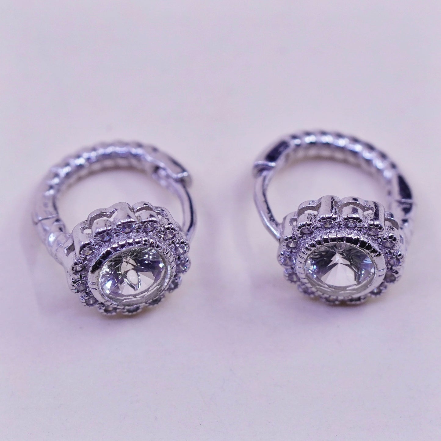 0.5”, Vintage sterling silver earrings, 925 hoops, huggie, with cz flower