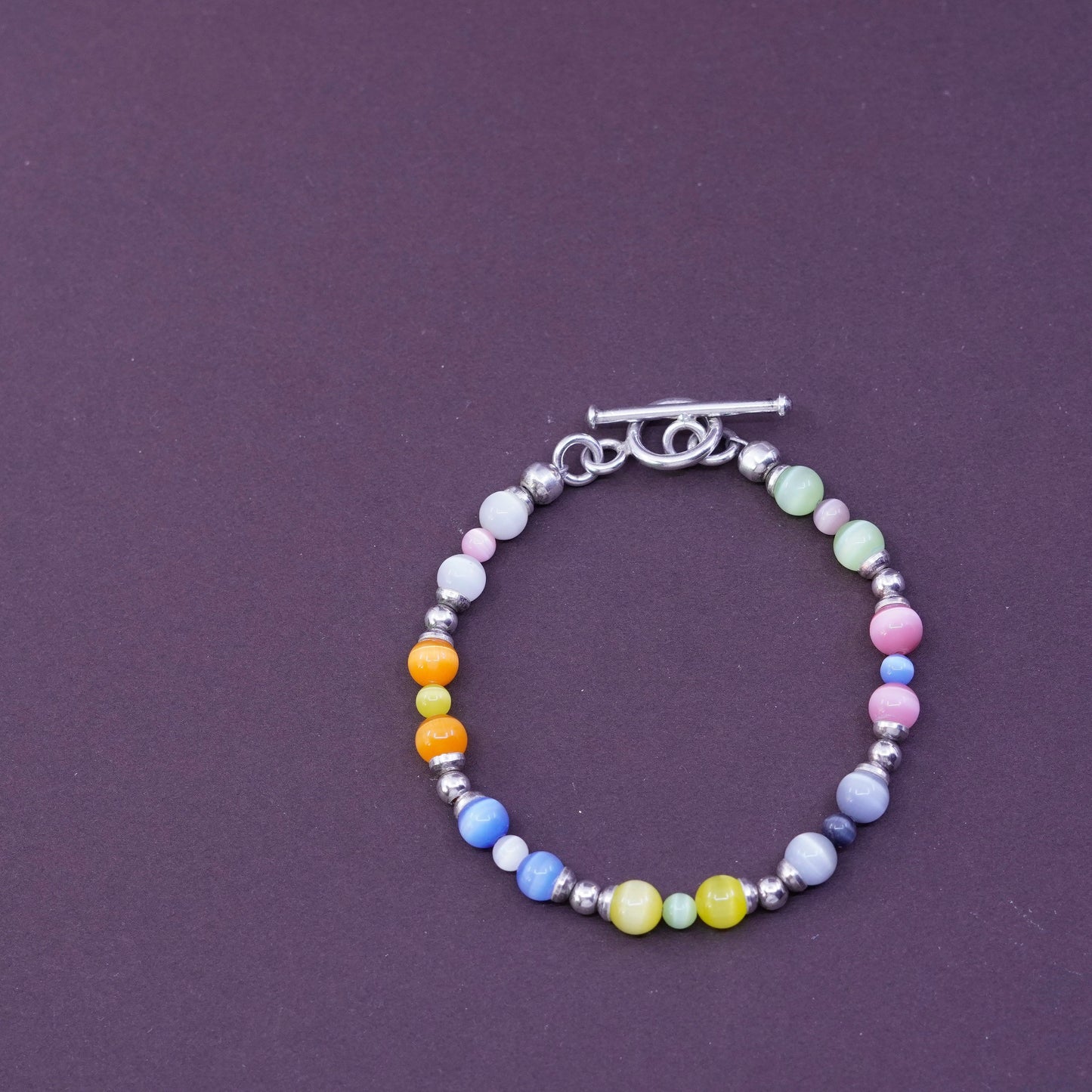 6.75”, Sterling 925 silver handmade bracelet, with colorful cat eyes beads