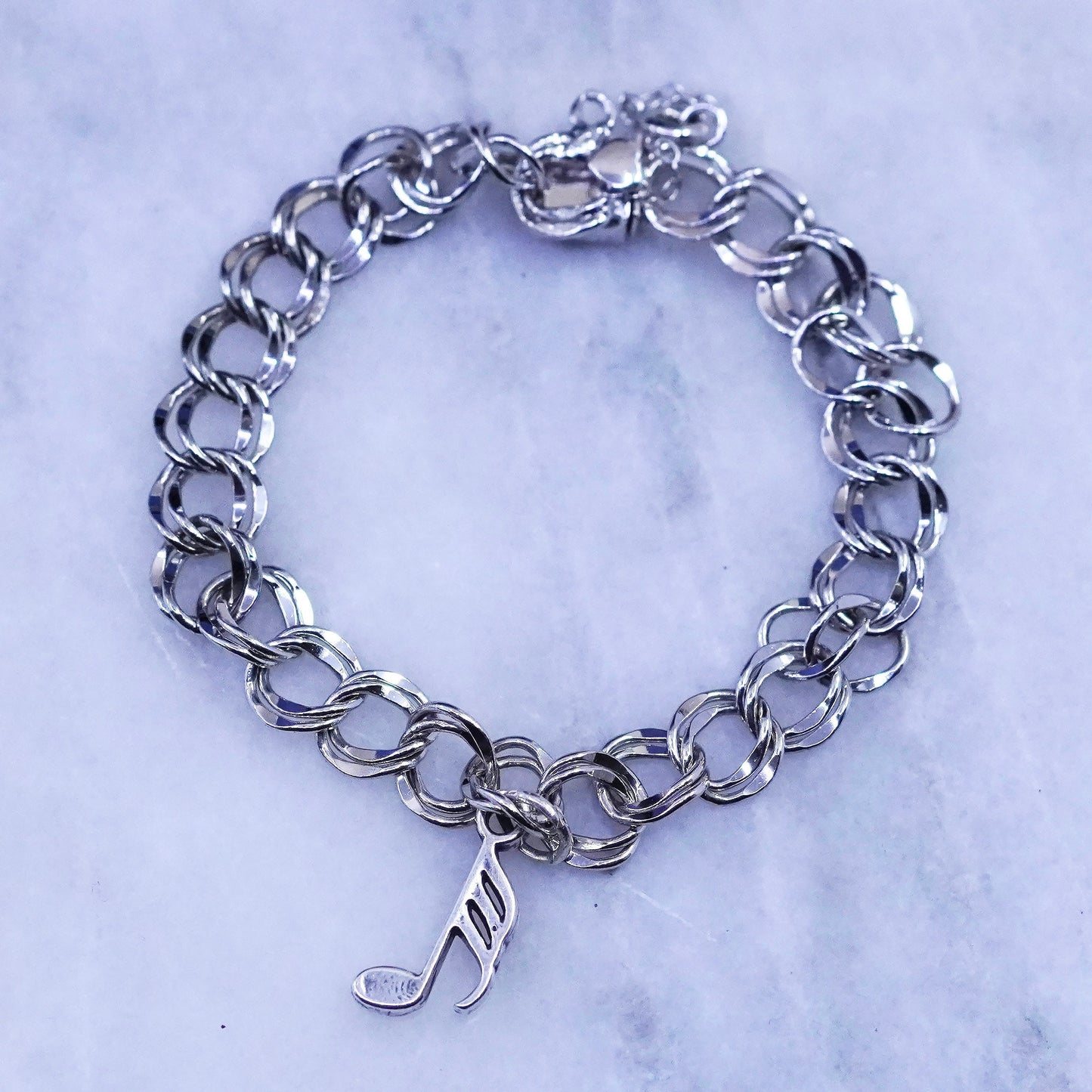 6.5”, Sterling silver bracelet, 925 double curb chain music note symbol charm