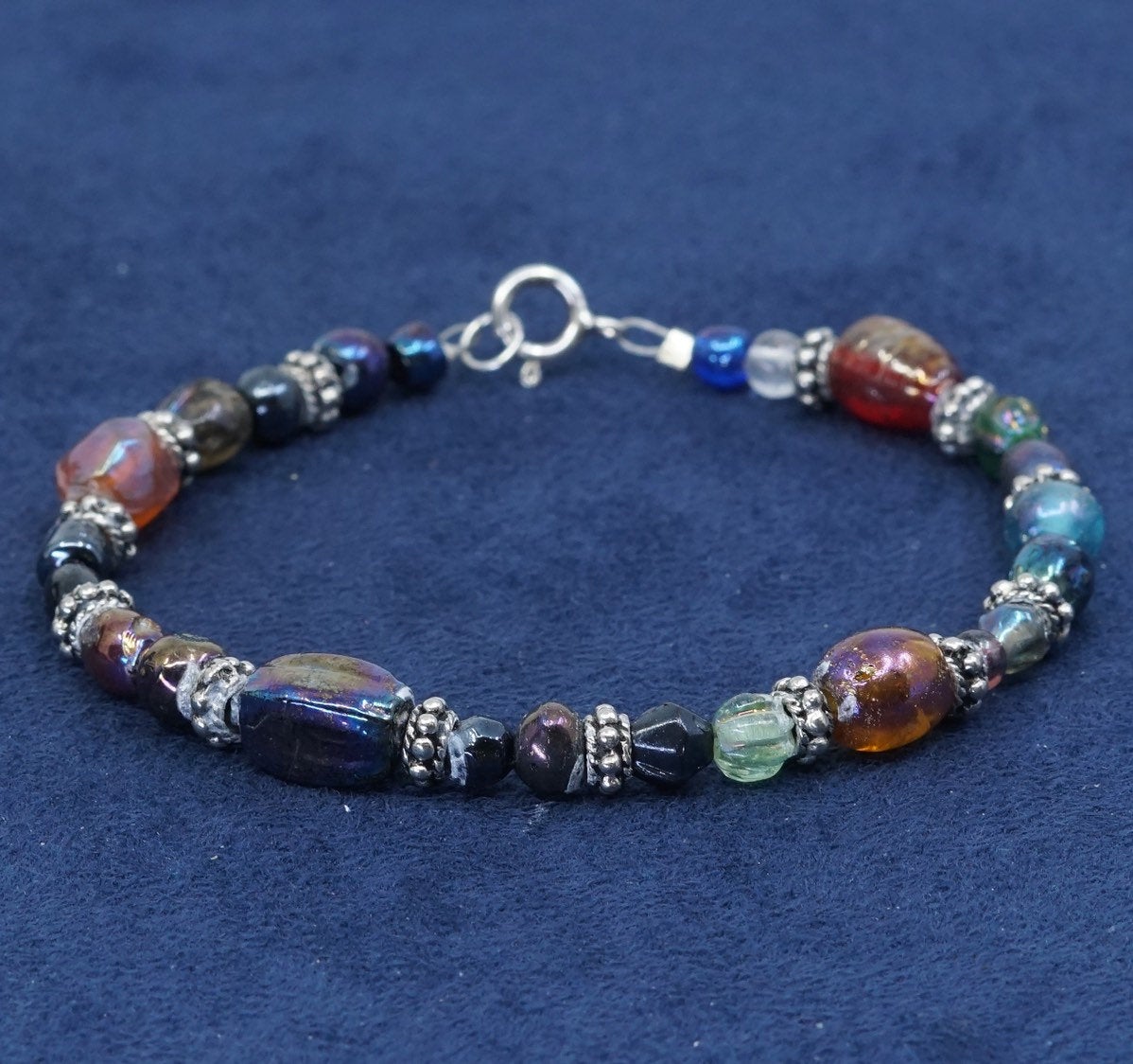 7.5", vtg handmade sterling silver bracelet, colorful glass beads, stamped 925