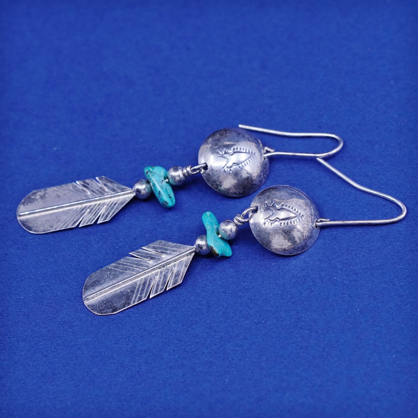 vtg LHTO sterling silver handmade earrings, 925 disc N feather w/ turquoise