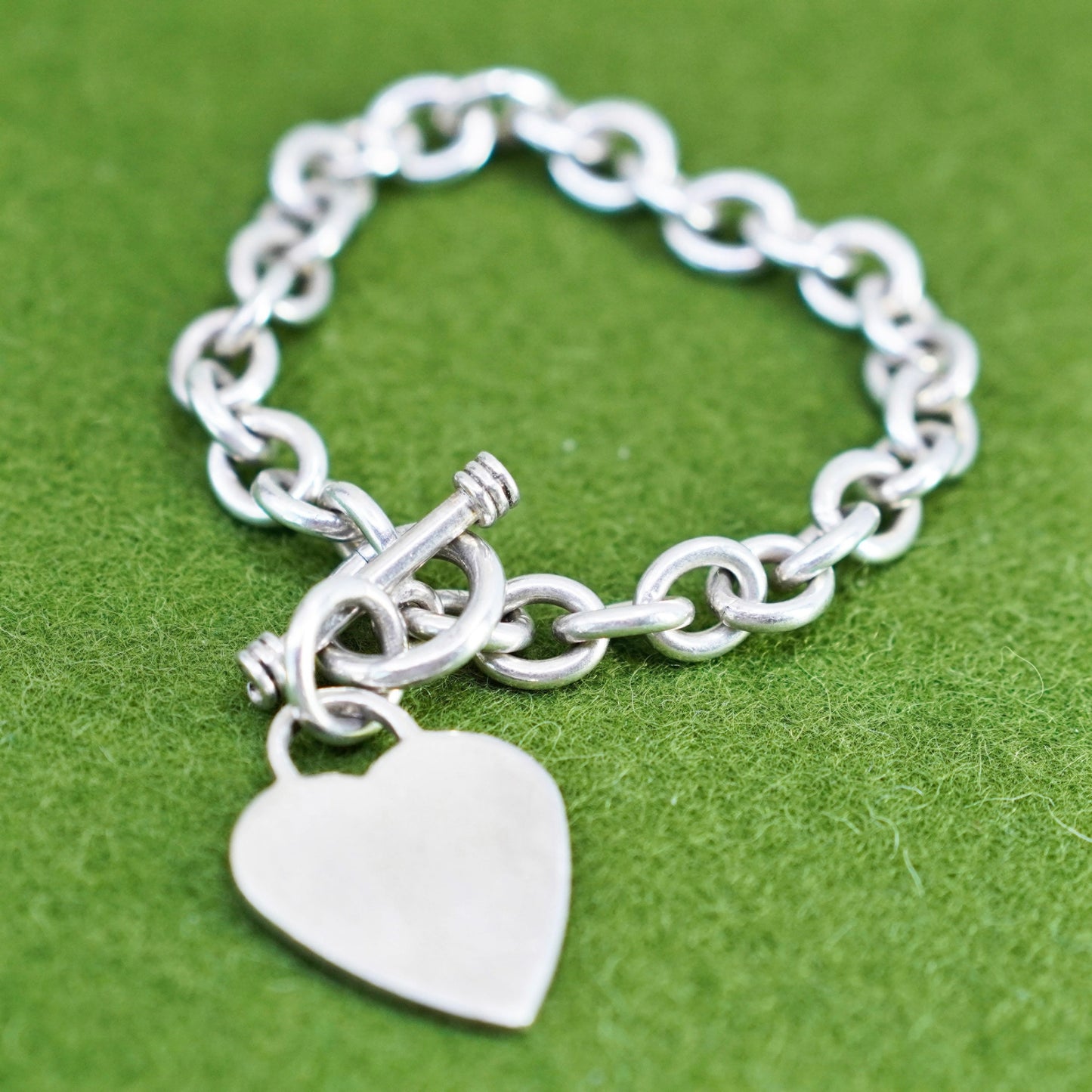 6”, Vintage sterling silver circle link bracelet, bold 925 chain w/ heart charm