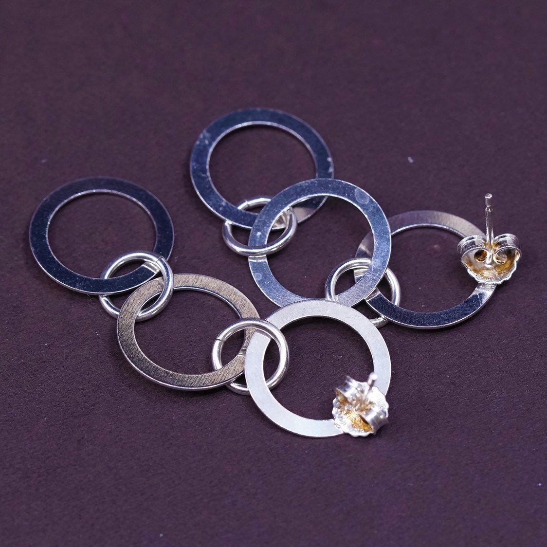 2” long, VTG Sterling silver handmade earrings, 925 entwined circles dangle