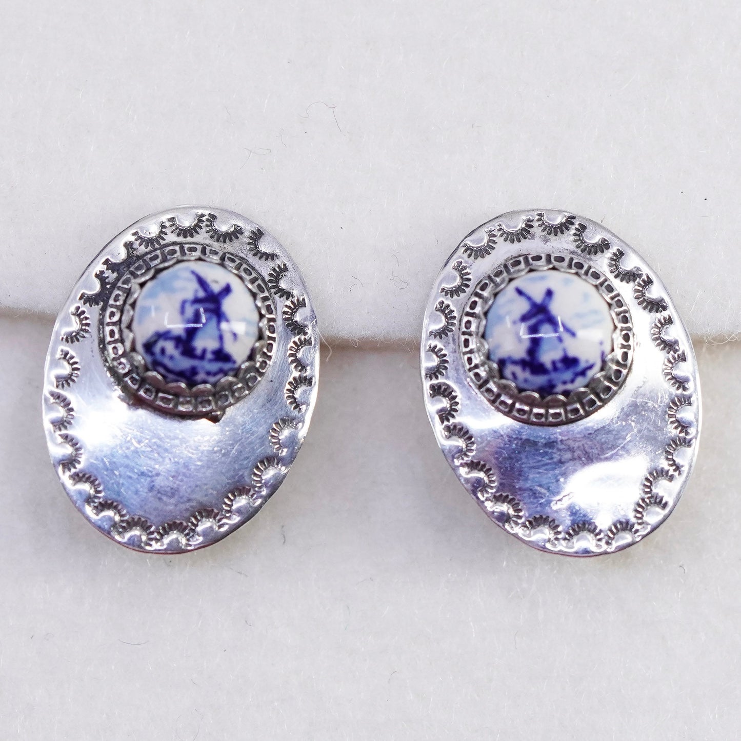Holland Delft Dutch Porcelain windmill Sterling 925 silver clip on earrings