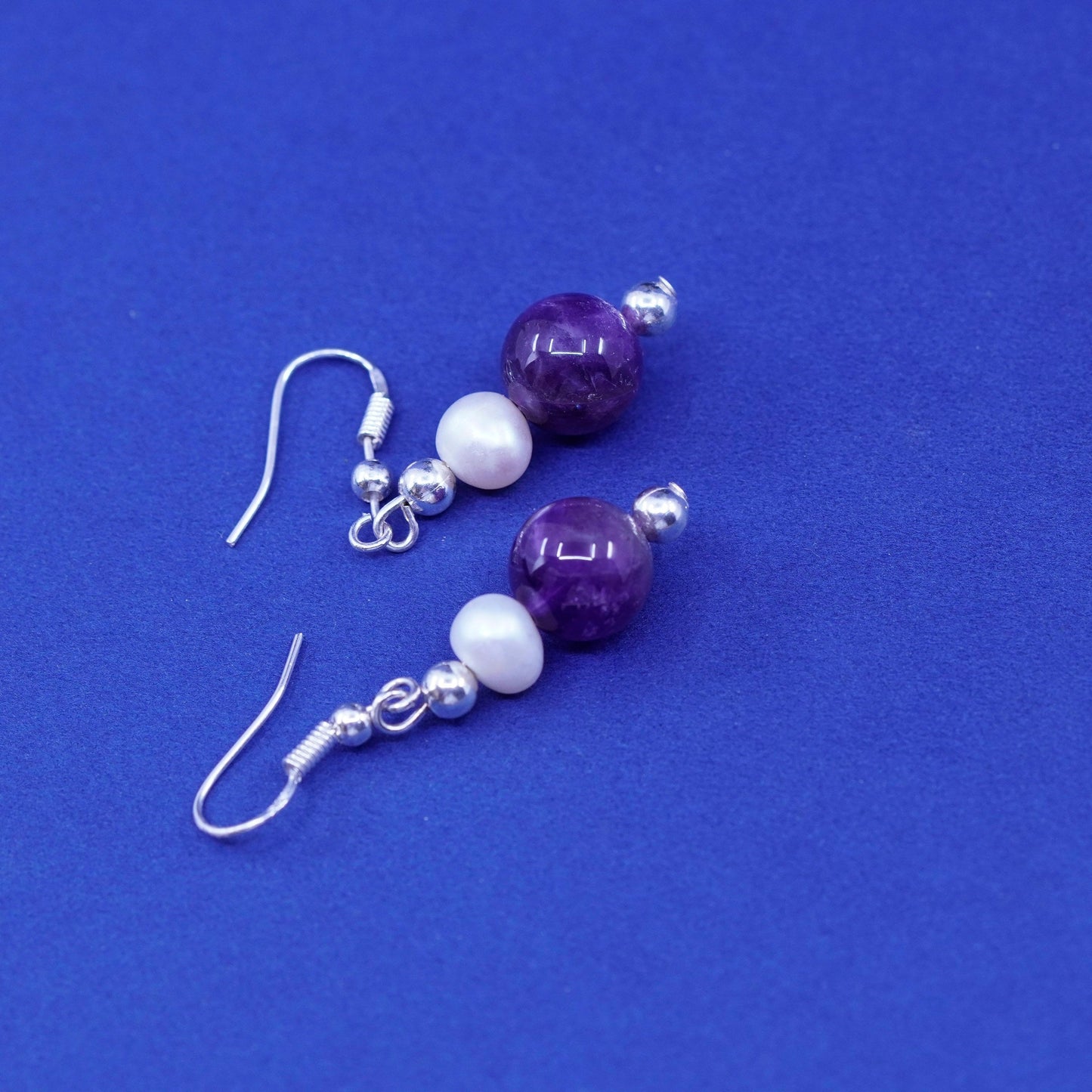 Vintage sterling 925 silver handmade earrings with pearl amethyst beads