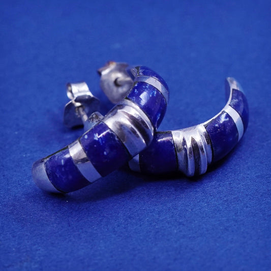 Vintage Sterling silver earrings, 925 hoops, huggie with sodalite