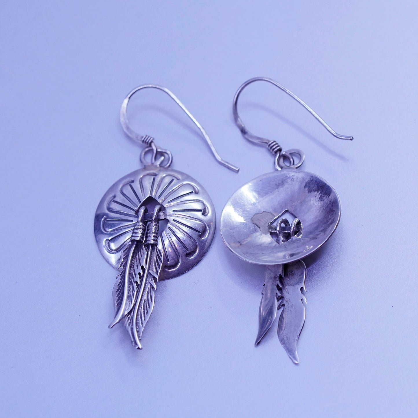 vintage Sterling silver handmade earrings, 925 textured disc feather dangles