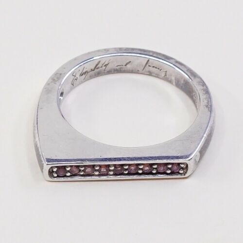 Sz 7.25, Designer Vtg Sterling Silver Ring, 925 Modern Stackable Ring W/ pink Cz