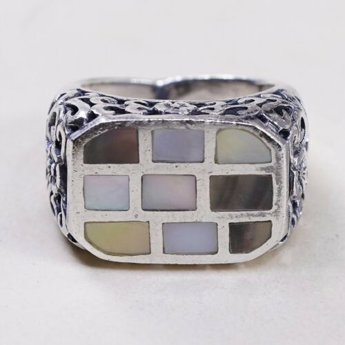 Size 7, Vtg Handmade Statement Ring in Sterling Silver N Abalone - Stamped 925