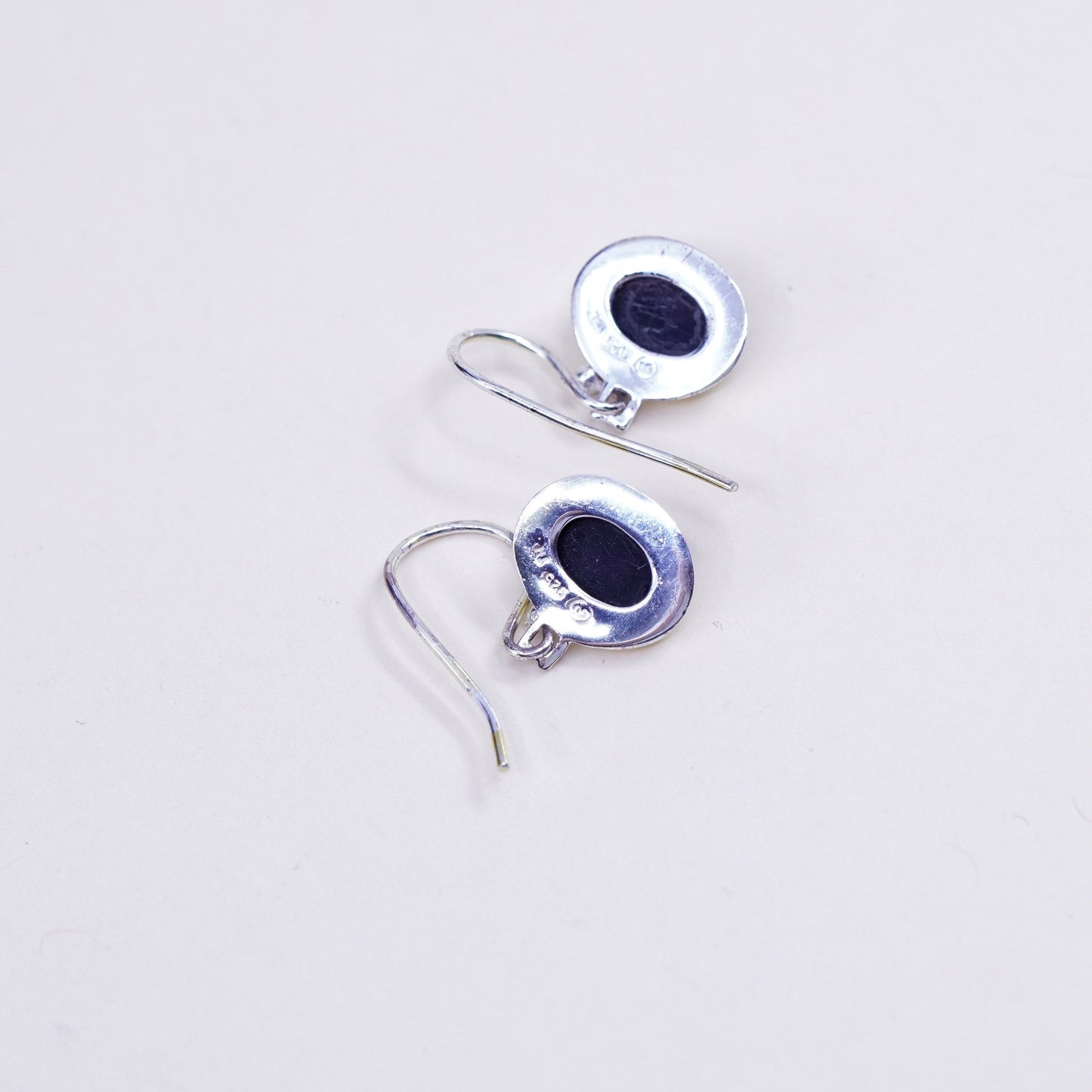 Vintage sterling 925 silver earrings, oval black onyx, handmade
