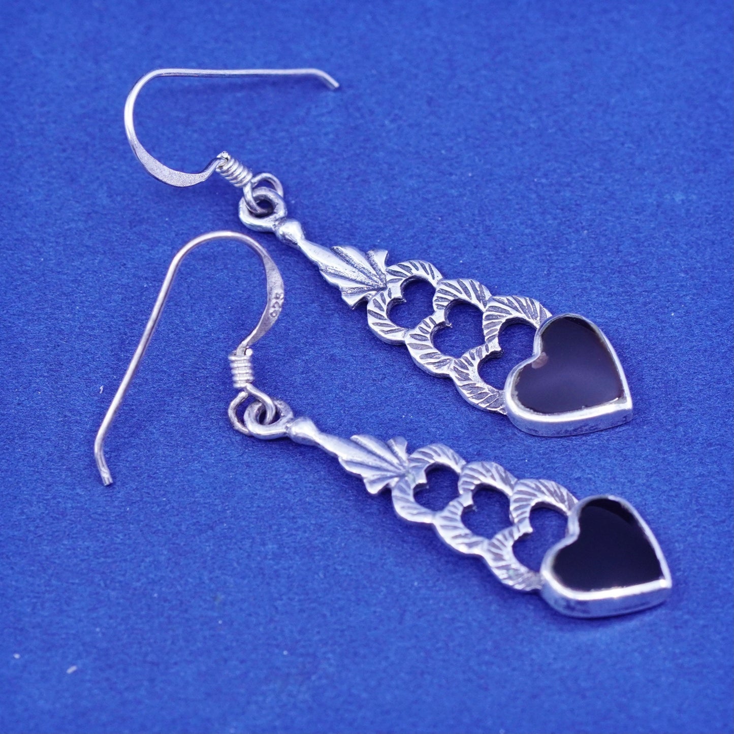 Vintage Sterling silver handmade earrings, 925 heart with obsidian
