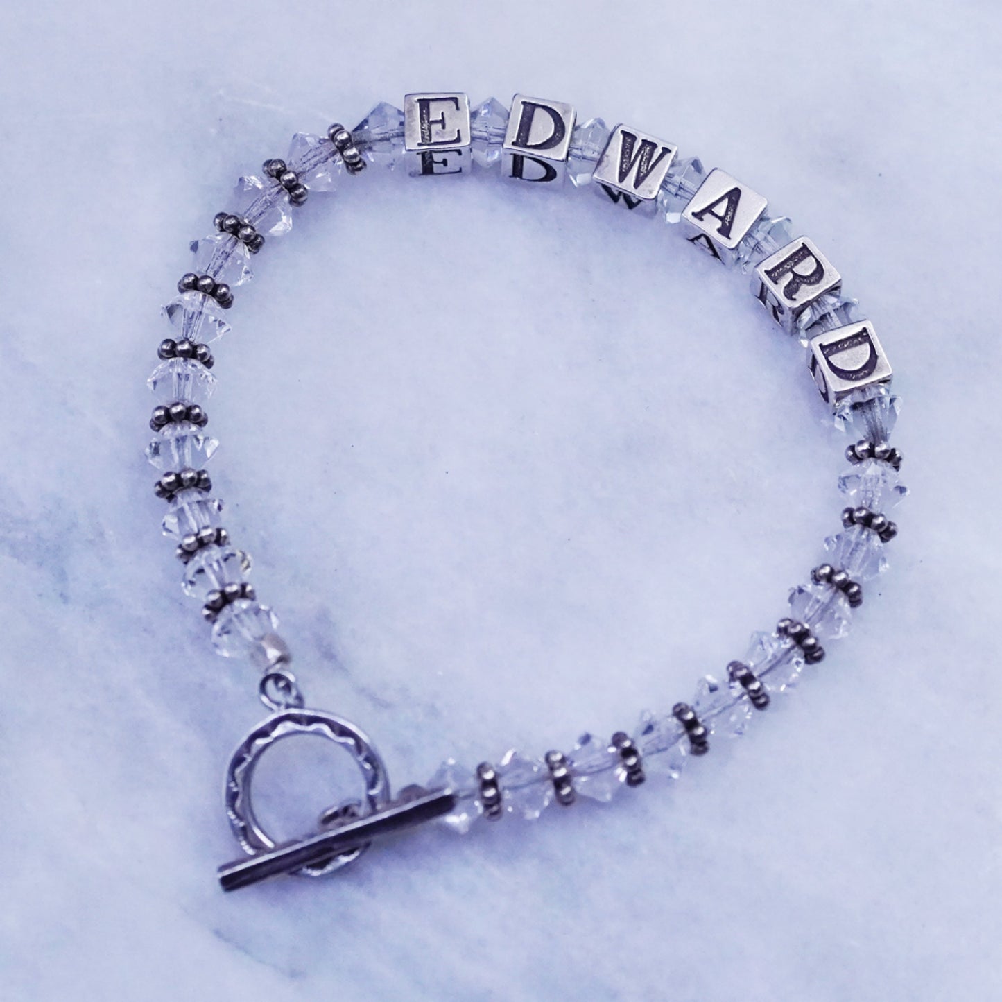 6.75”, Sterling silver handmade name “Edward” cube bracelet with crystal beads