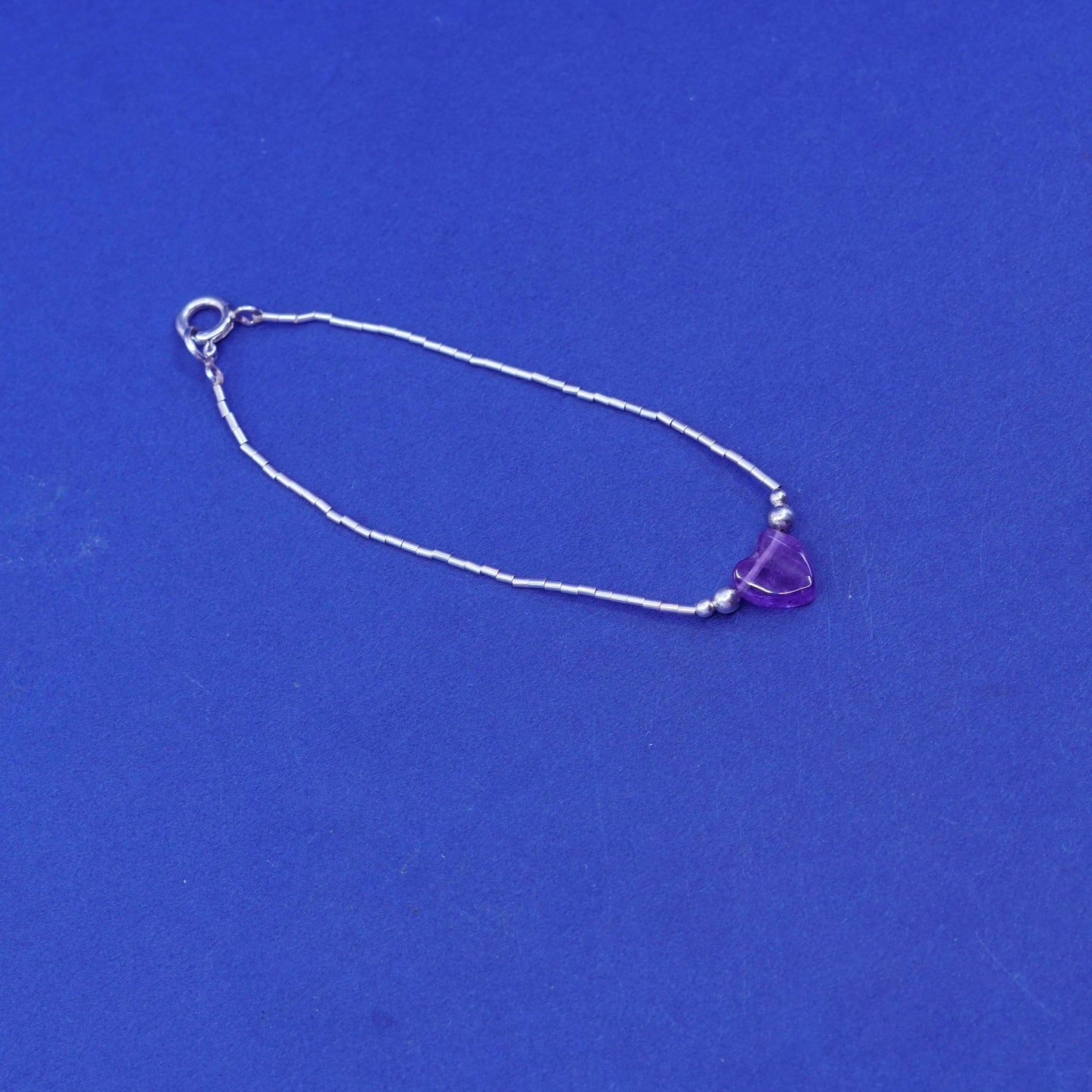 6.25”, vtg sterling handmade bracelet, 925 liquid silver chain amethyst heart