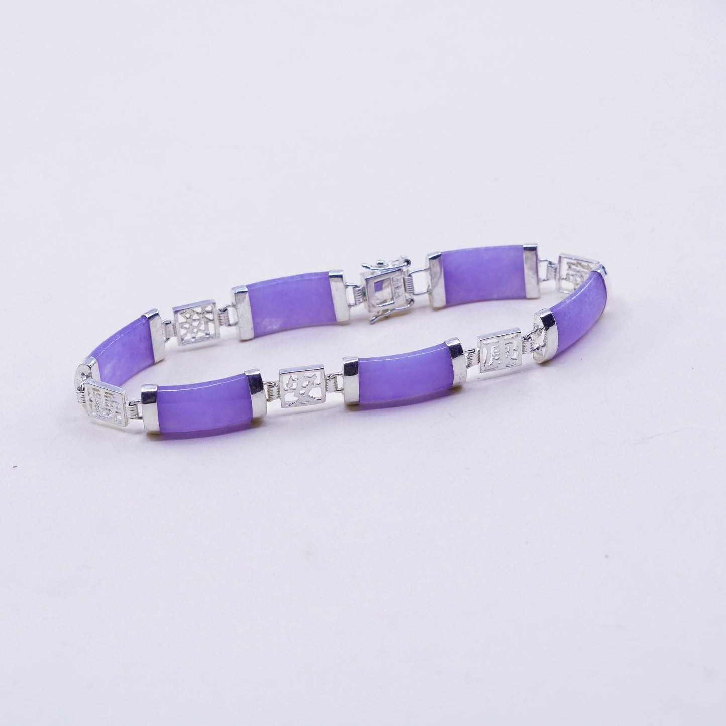 7.25”, vtg sterling 925 silver handmade bracelet purple jade Chinese characters