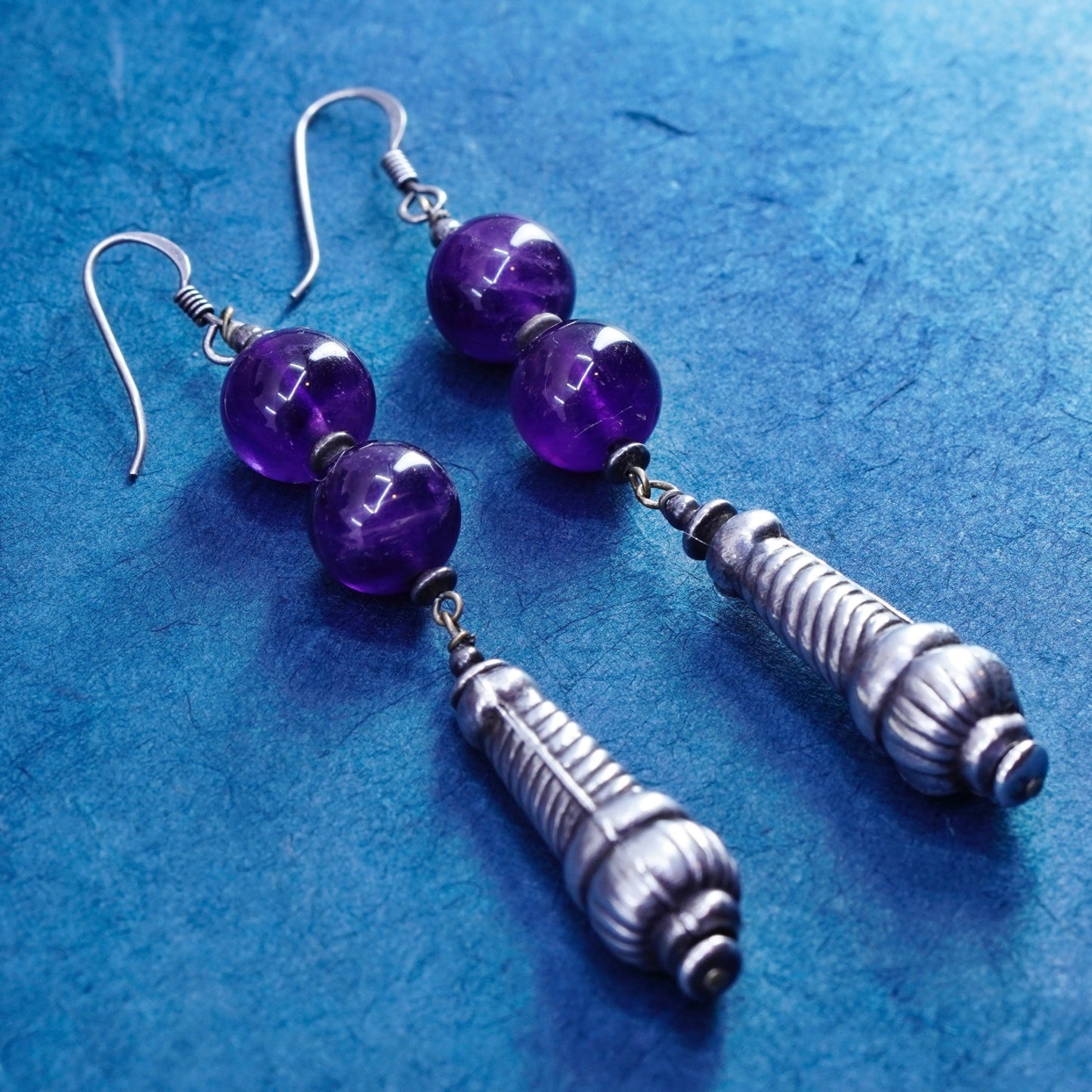 Vintage sterling silver handmade earrings, long 925 teardrop with amethyst
