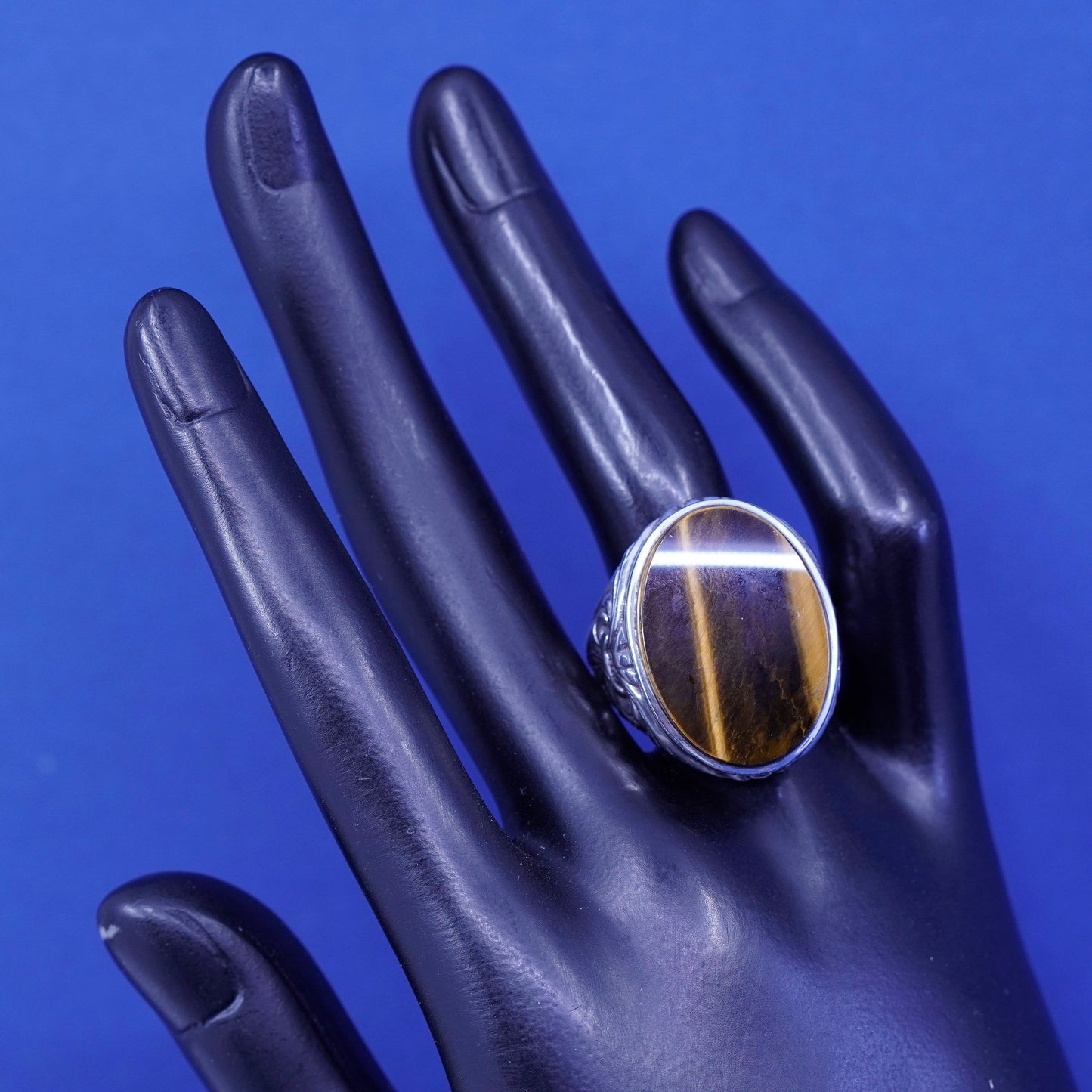 Size 9.25, Sterling 925 silver statement ring with golden tiger eye and relief