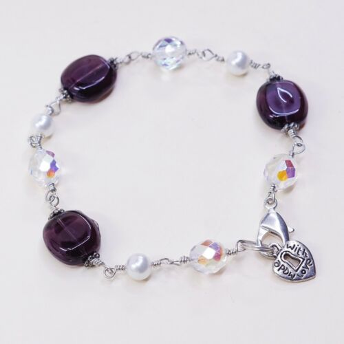 7.25”, Vtg Sterling Silver Handmade bracelet 925 Clasp W/ Pearl N Crystal