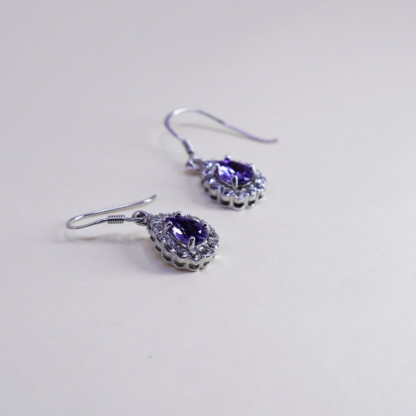 Vintage Sterling 925 silver handmade earrings, teardrop purple Cz dangles
