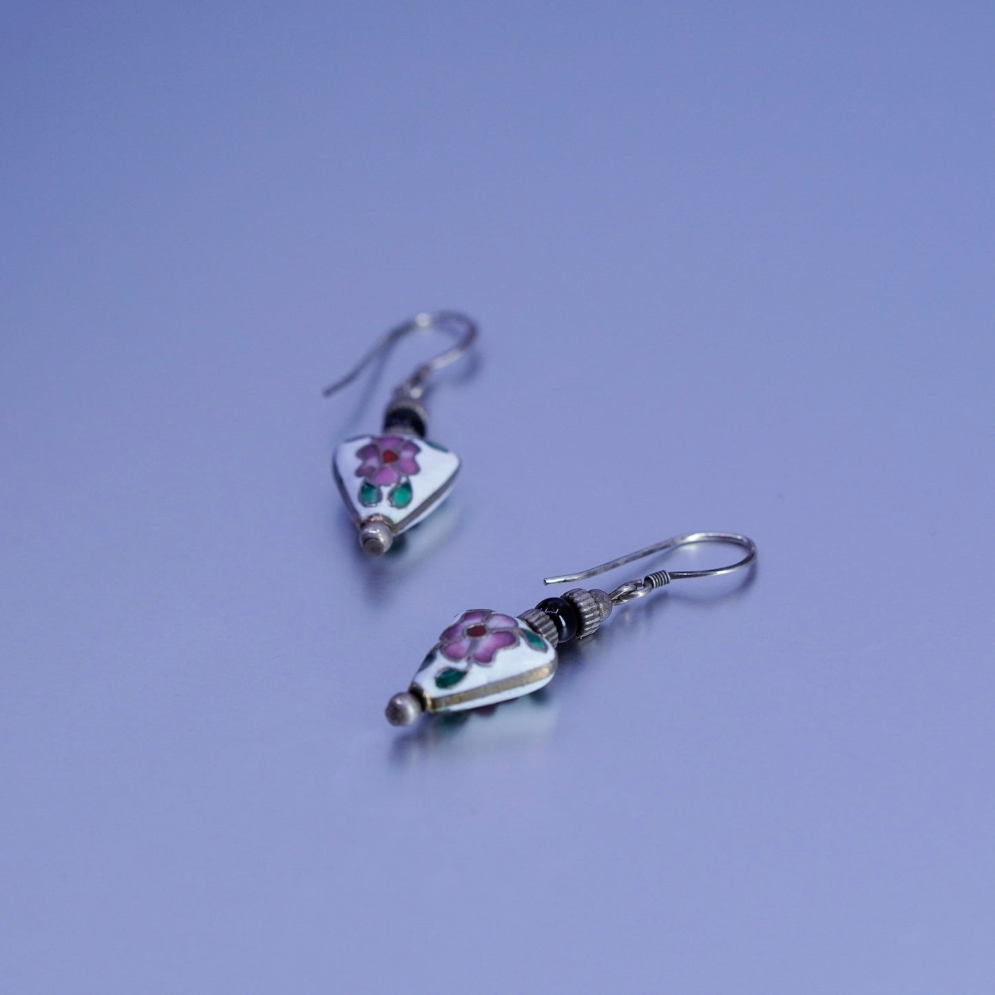 Vintage Sterling 925 silver handmade earrings with enamel flower