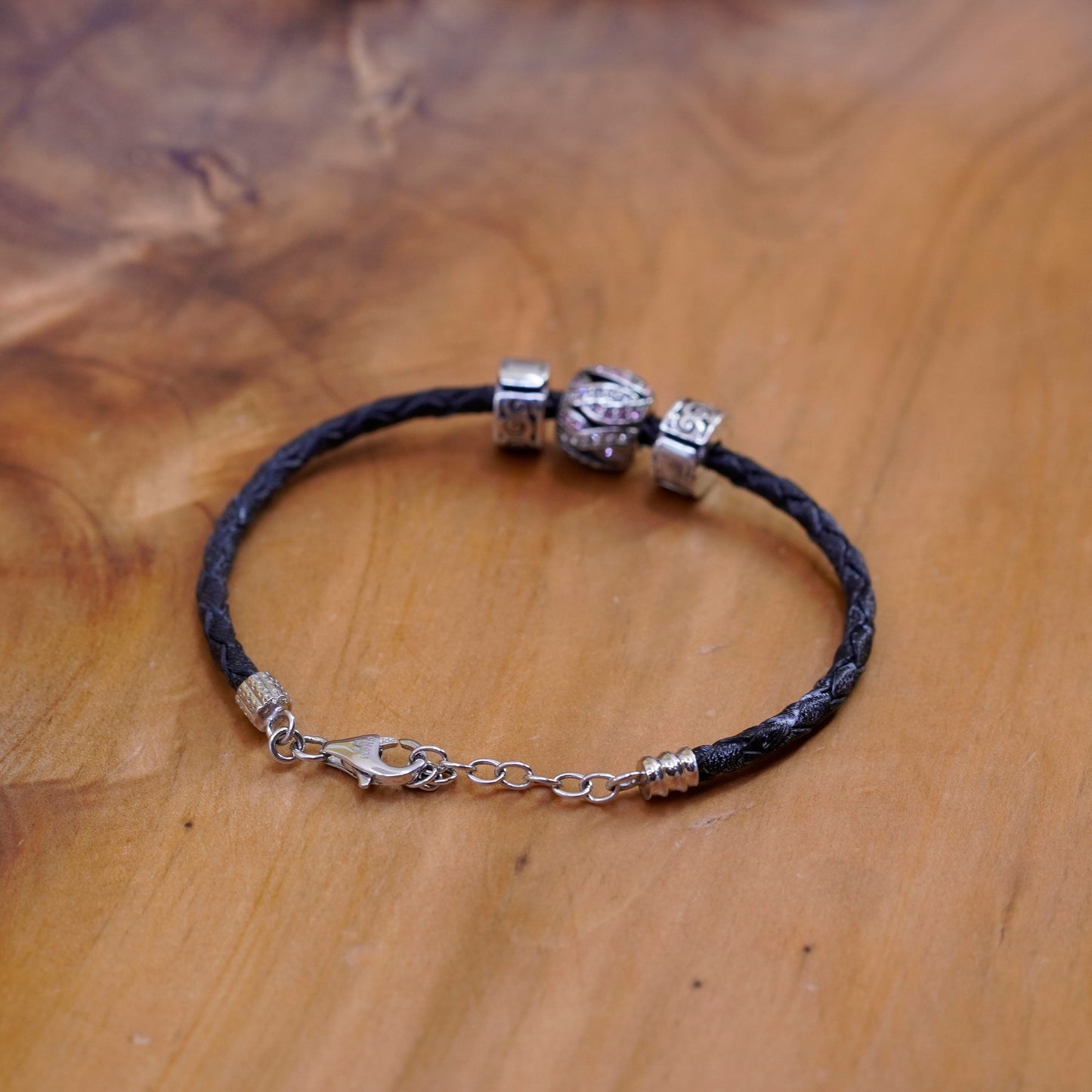 7”, CHAMILIA CHAM sterling 925 silver bracelet, leather core 3 bead charms