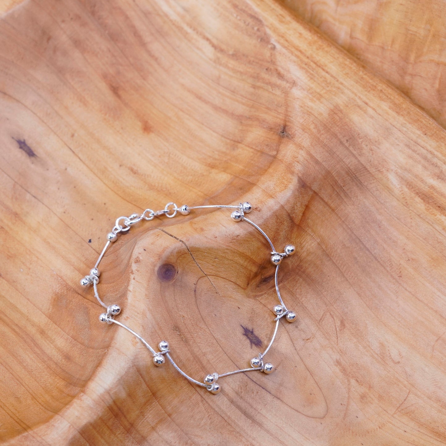 7”, vtg Sterling silver handmade bracelet, 925 wavy DNA link chain with bead