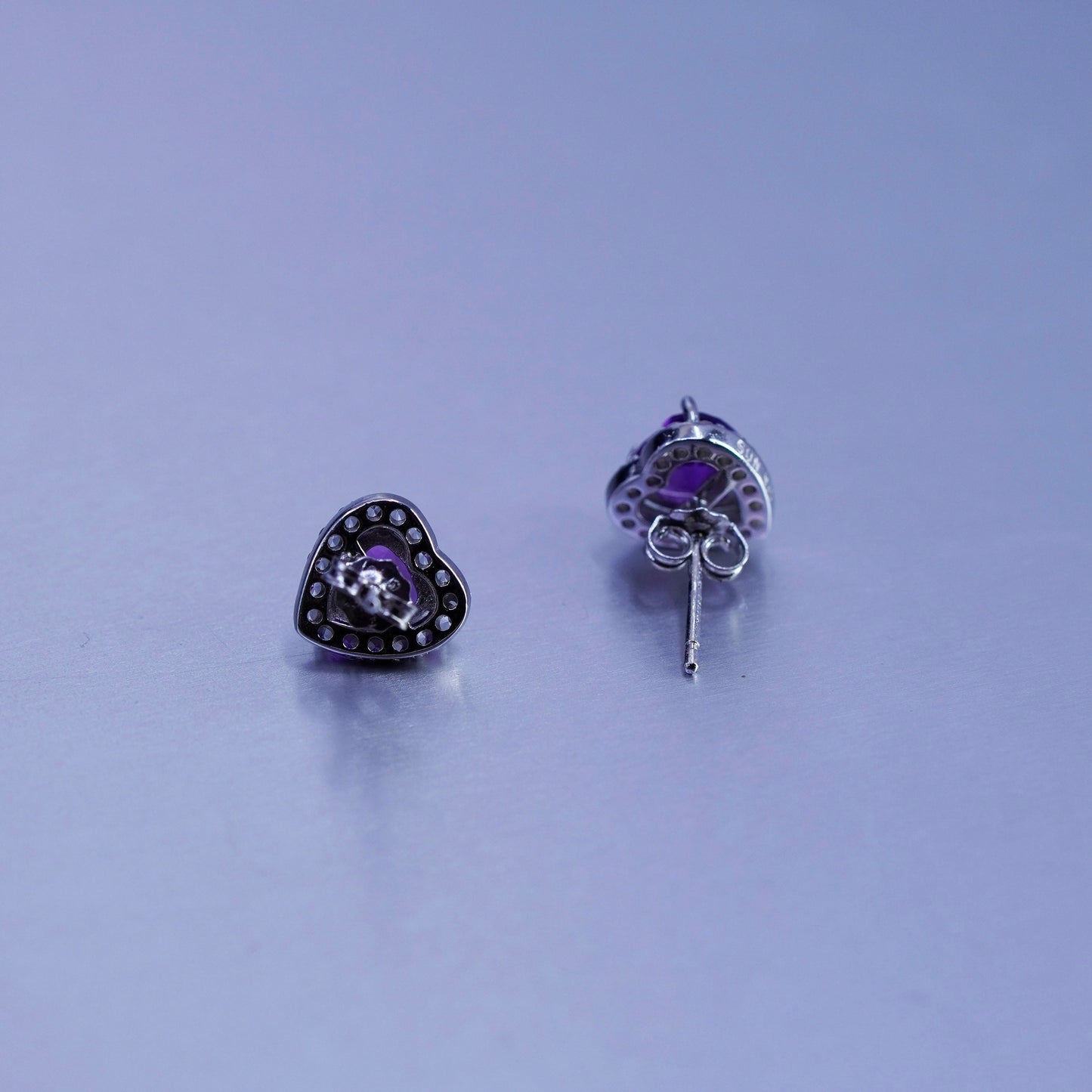 Vintage Sterling 925 silver earrings, studs with heart amethyst and cz around