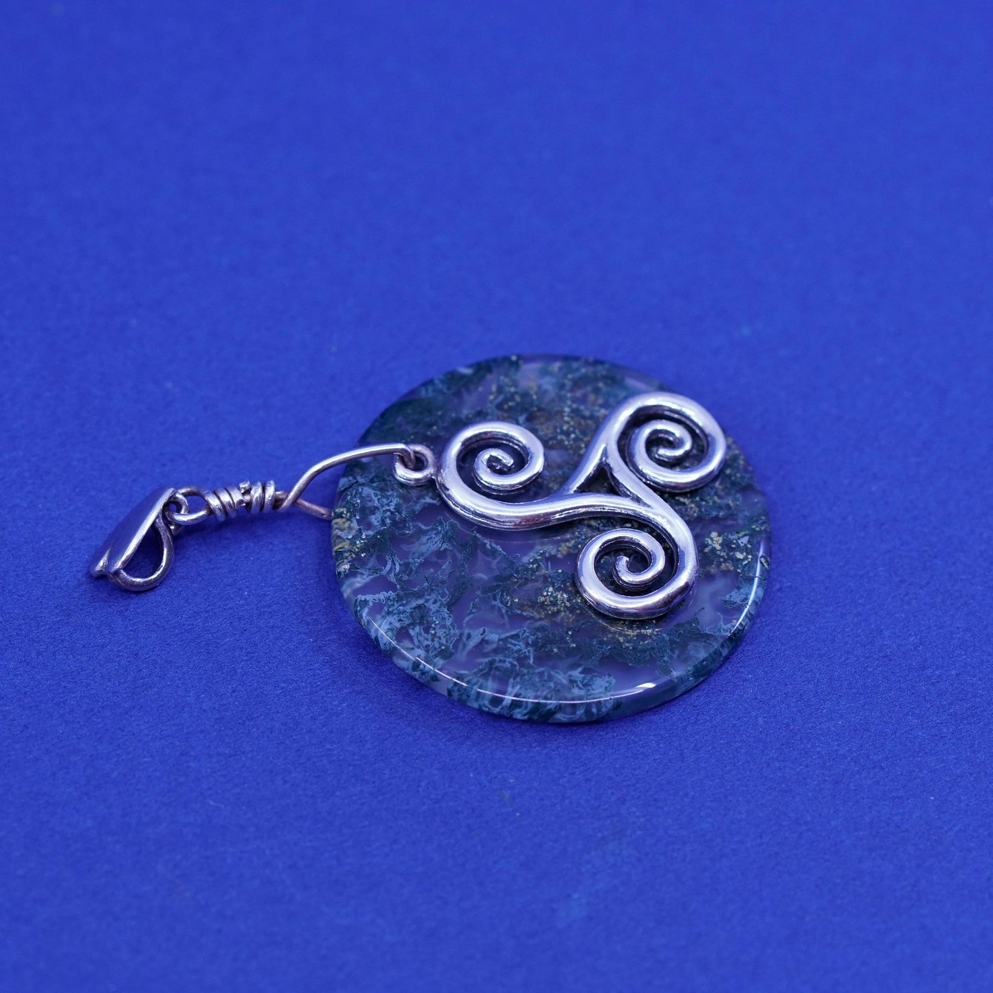vtg sterling 925 silver handmade heart pendant green lace agate swirly charm