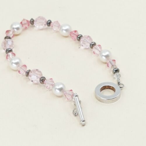 7”, Vtg Sterling Silver Handmade Bead Bracelet, taxco 925 n Pink Crystal Pearl