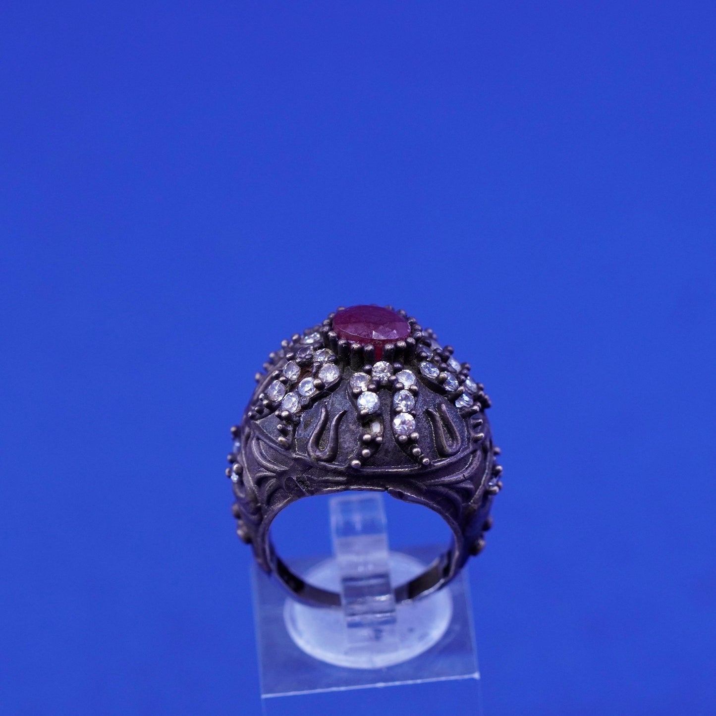 Size 6.25, vintage Sterling 925 silver handmade crown Statement ring ruby Cz
