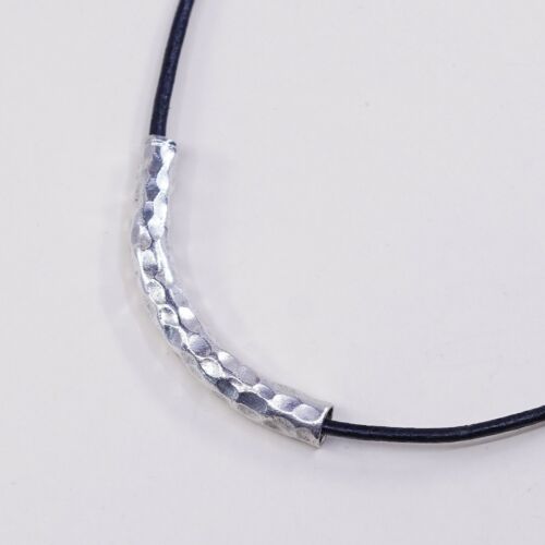 18”, Vtg Handmade Sterling 925 Silver Slide Pendant W/ Black Leather Necklace