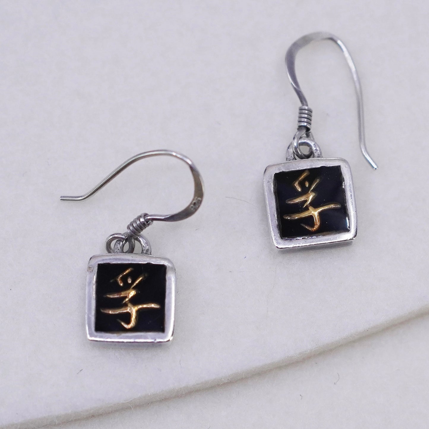 two tone designer Sterling 925 silver handmade square earrings Japanese word