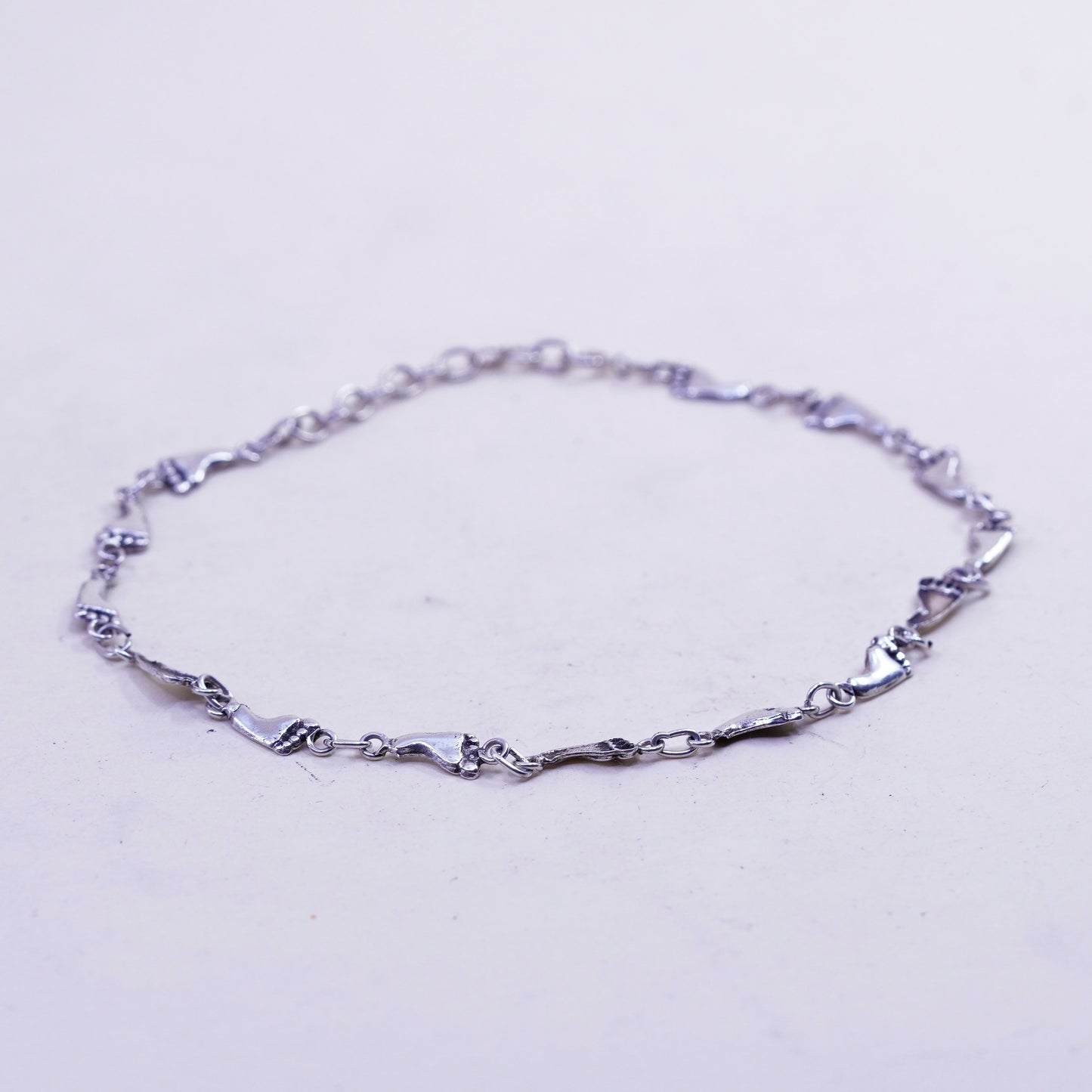 11”, vtg Italy sterling silver handmade anklet bracelet, 925 footprint chain