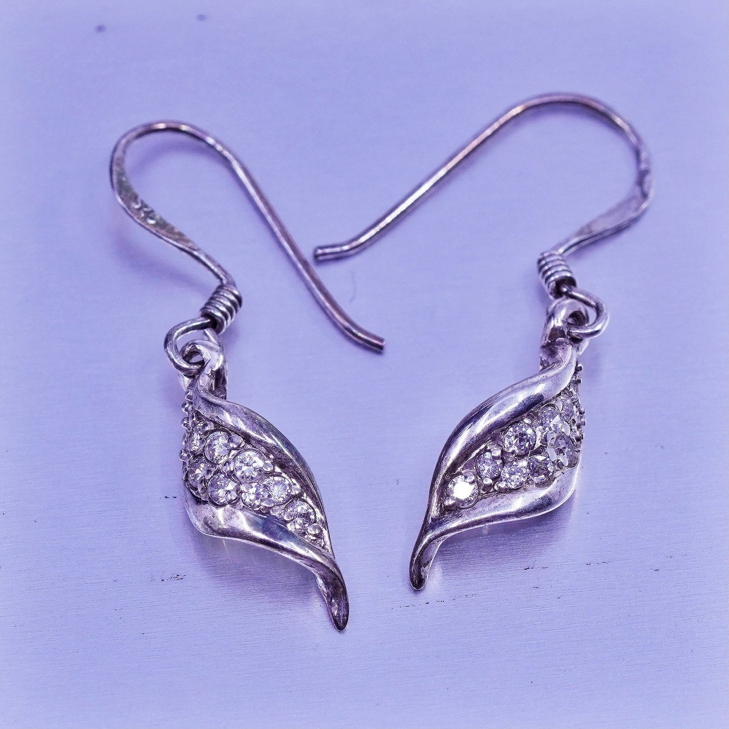 Vintage Sterling 925 silver earrings with wavy dangle and Cz