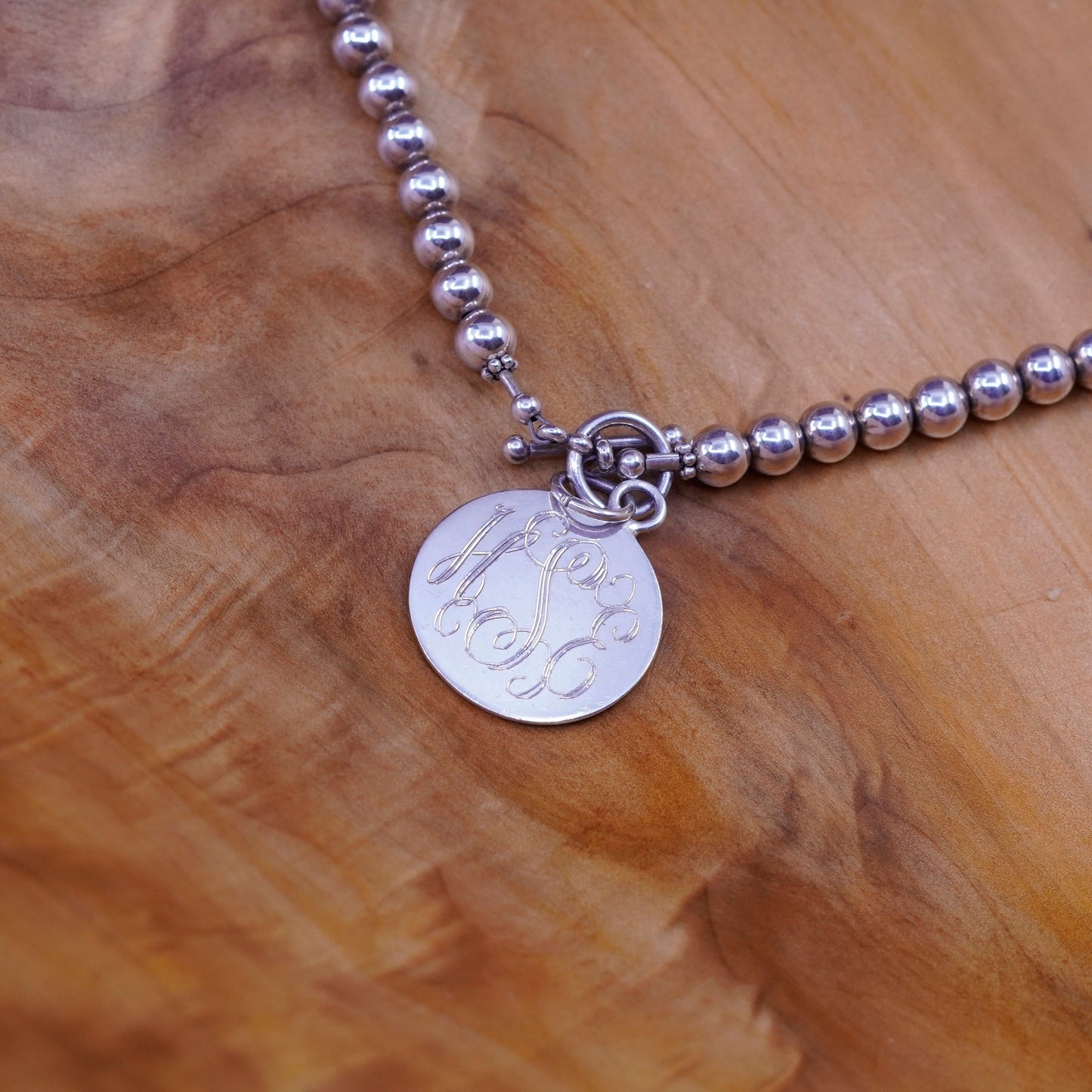 18”, Sterling silver necklace, 925 bead chain with tag monogram ”HSE” pendant