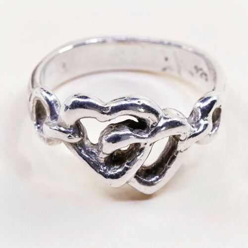 Size 8, Vtg Sterling Silver Handmade Ring, 925 Silver Band W/ Double Heart