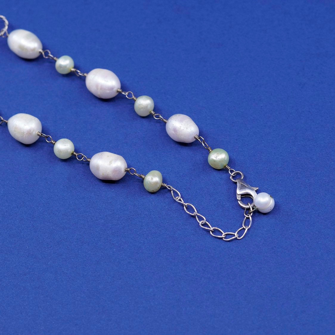 18"+2”, vtg Sterling silver handmade necklace, 925 circle chain w/ pearl beads
