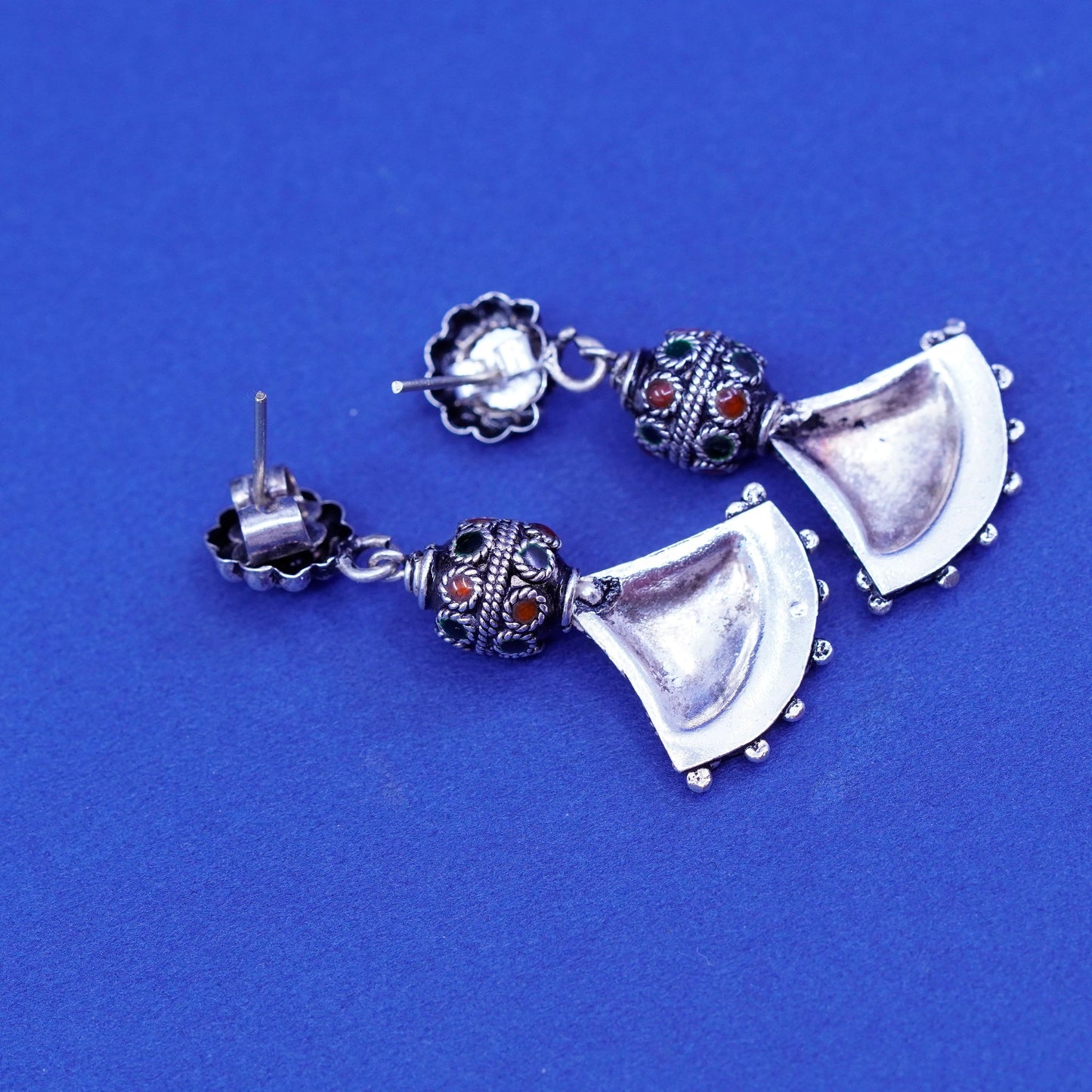 Vintage sterling silver handmade earrings, bali 925 drop with enamel
