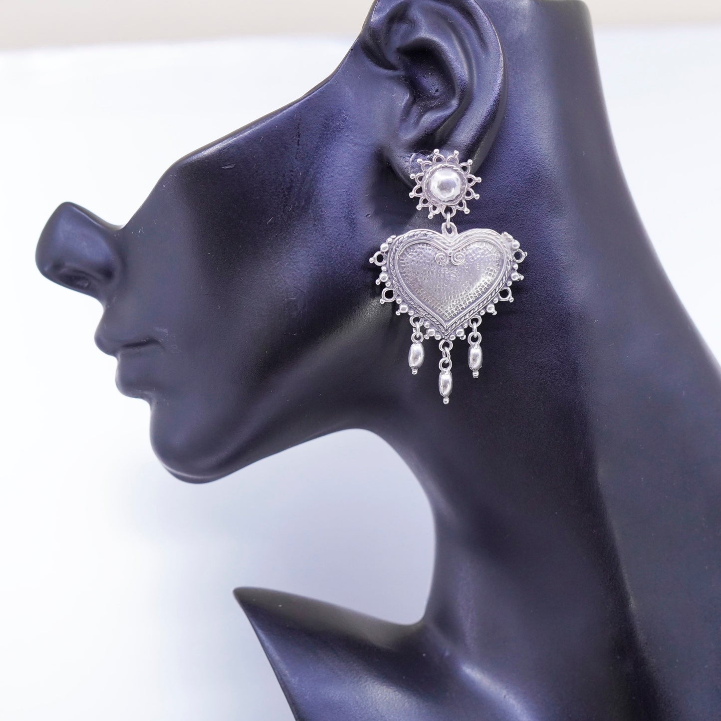 vtg GHEAUI Mexican Sterling 925 silver handmade textured heart earrings dangles