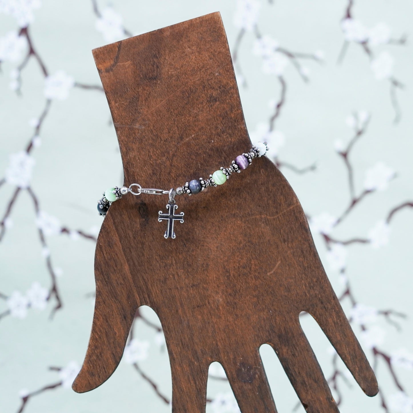 6.75”, sterling silver bracelet, 925 beads with colorful cats eye cross charm