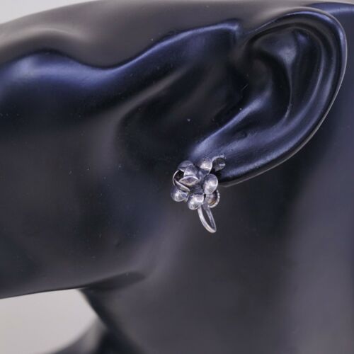 Vtg Sterling 925 Silver Handmade Screw Back Earrings Rose Flower, Stamped Sterli