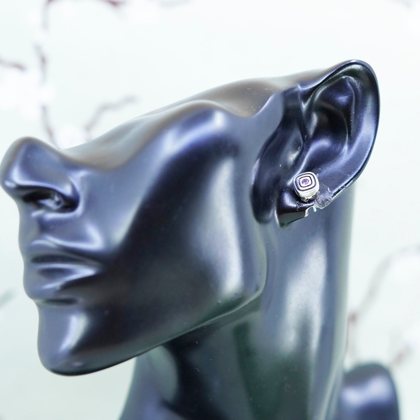 Vintage sterling silver handmade earrings, 925 square studs with amethyst