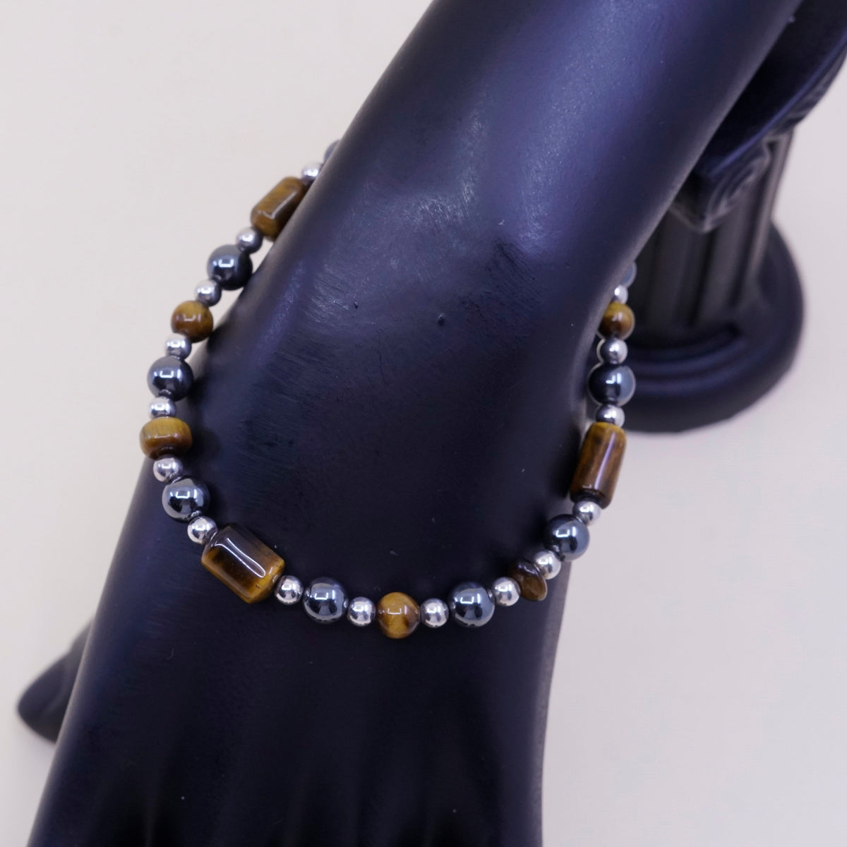 9”, vtg handmade bracelet, black hematite, golden tiger eye sterling 925 silver