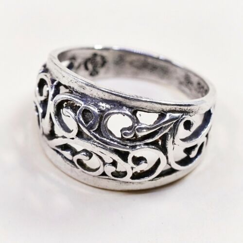 Sz 7, Vtg Sterling Silver Handmade Ring, 925 Silver Band W/ filigree swirl