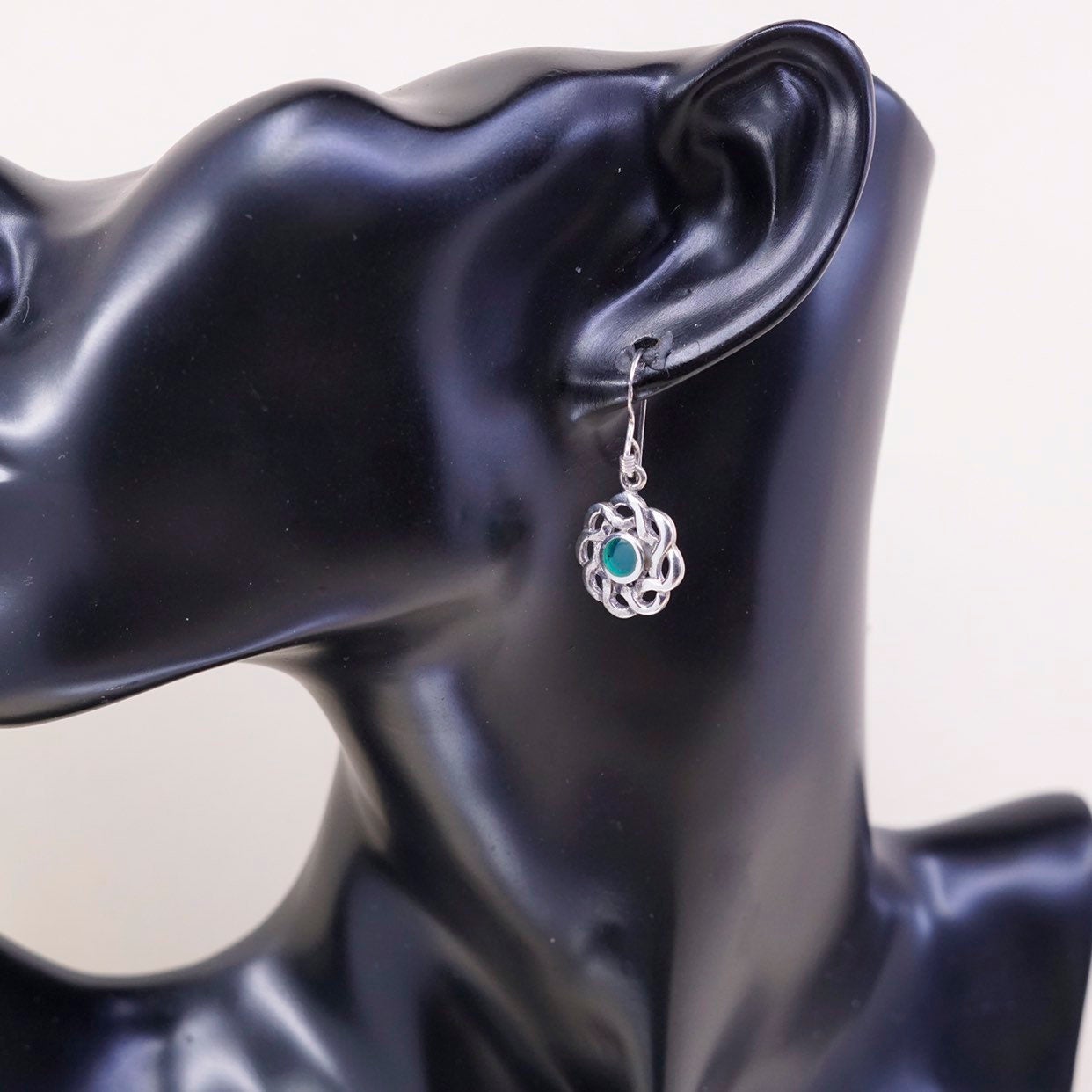 Irish Sterling silver handmade earrings, 925 whirl waves dangles n jade