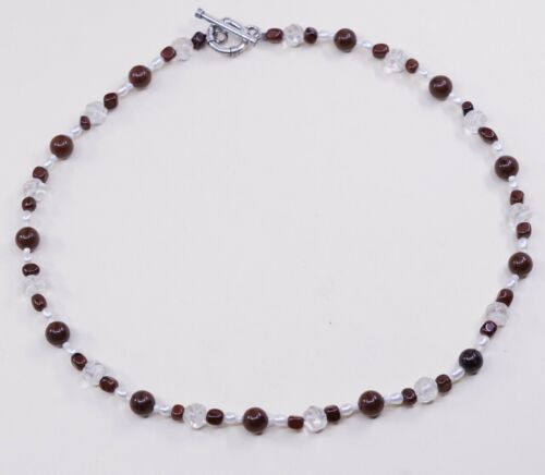 20" Vtg Sterling 925 silver handmade necklace W/ Crystal, Pearl N Jasper Beads