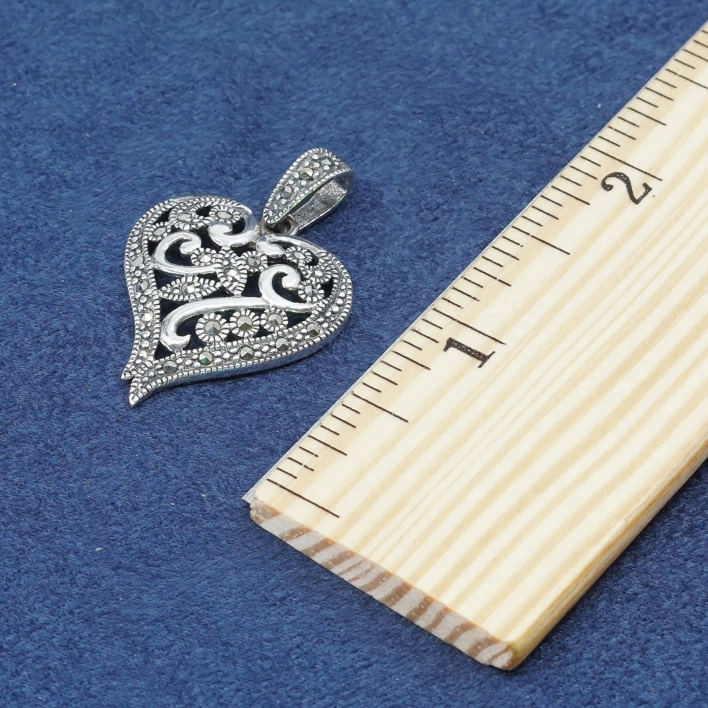 vtg Sterling silver handmade pendant, 925 heart w/ marcasite