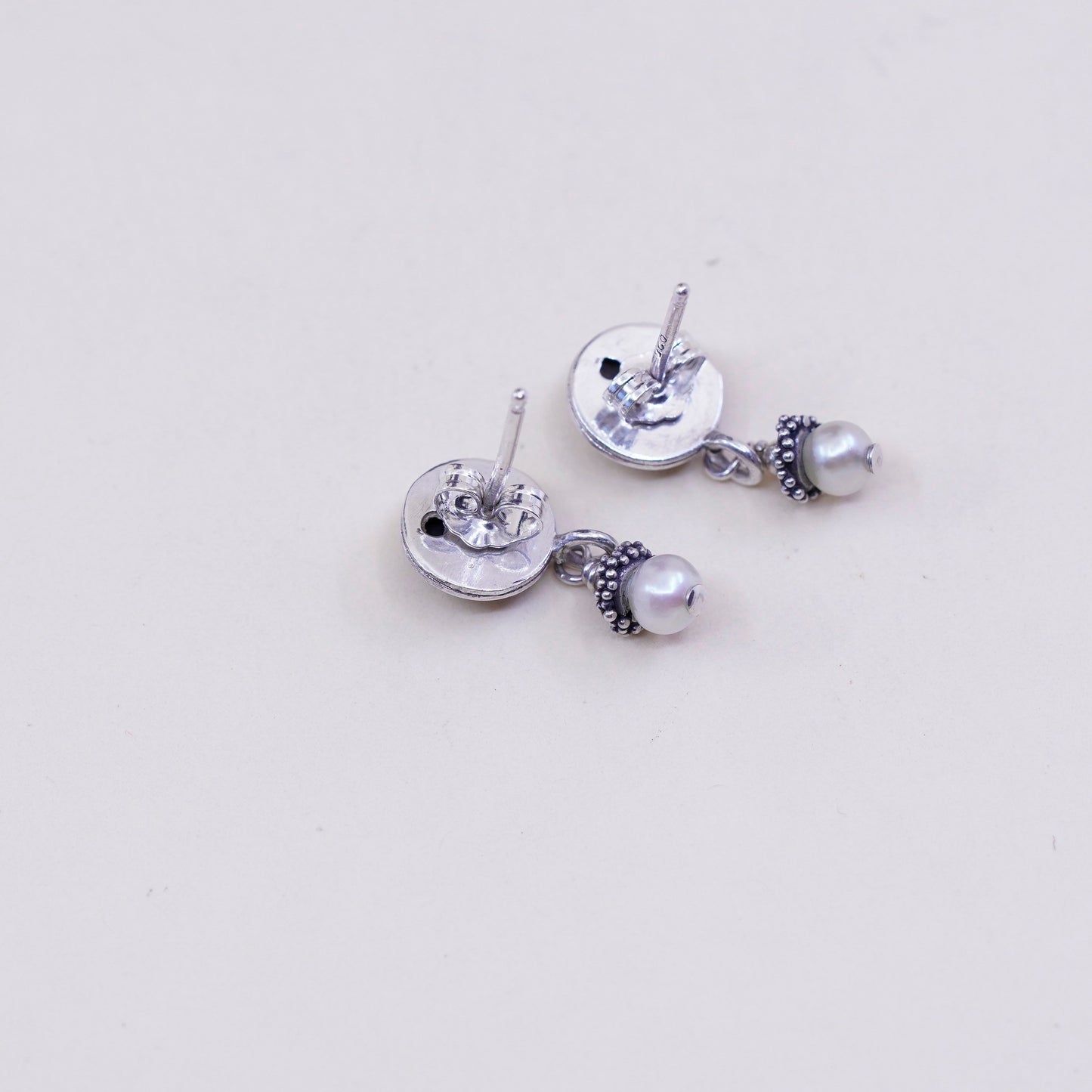Vintage sterling 925 silver handmade textured earrings with pearl dangles