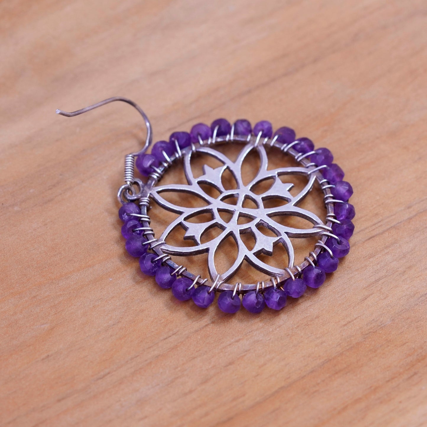 Sterling silver handmade earrings, 925 swirl flower dangles cluster amethyst